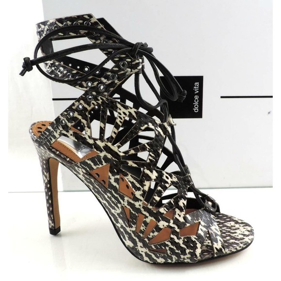 Dolce Vita Shoes - Dolce Vita Helena Lace Up Cutout Heel Sandal Black /White Snake Leather Size 7.5